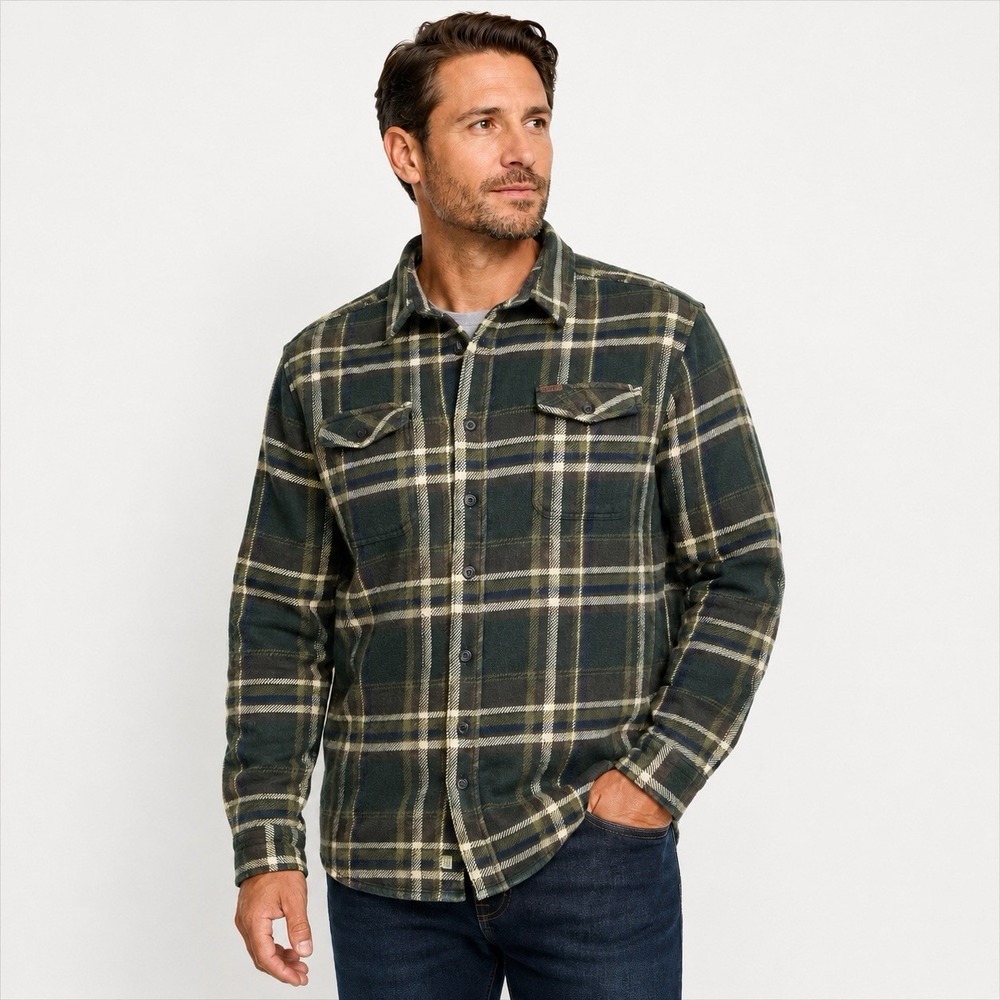 Orvis Men's L Green Plaid Heavy Flannel Button Up Shirt Cotton Outdoor CabinCore
